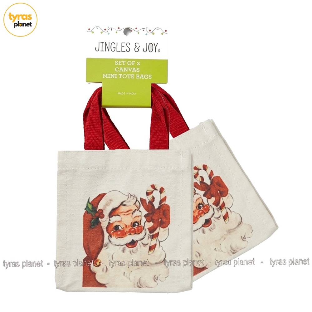 Jingles & Joy Vintage Santa Canvas Mini Tote Bags Set of 2 Christmas Cream Red